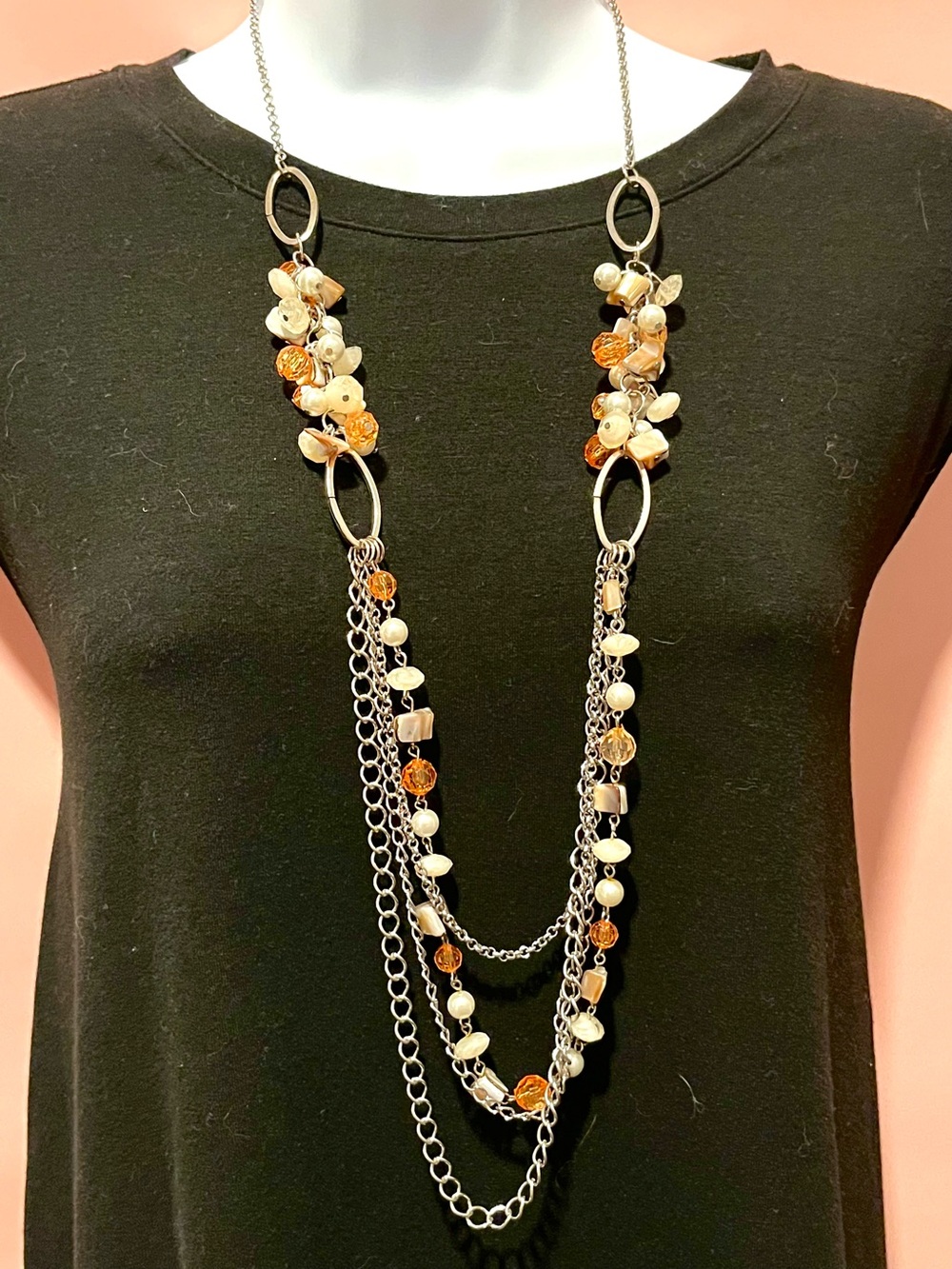 Estate Multi-Strand Silver Necklace with Amber and Cream Beads